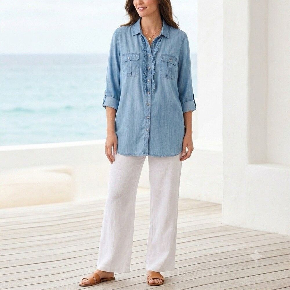 Talbots Chambray Button Down Shirt Womens XL Blue Ruffle Front 100% Lyocell